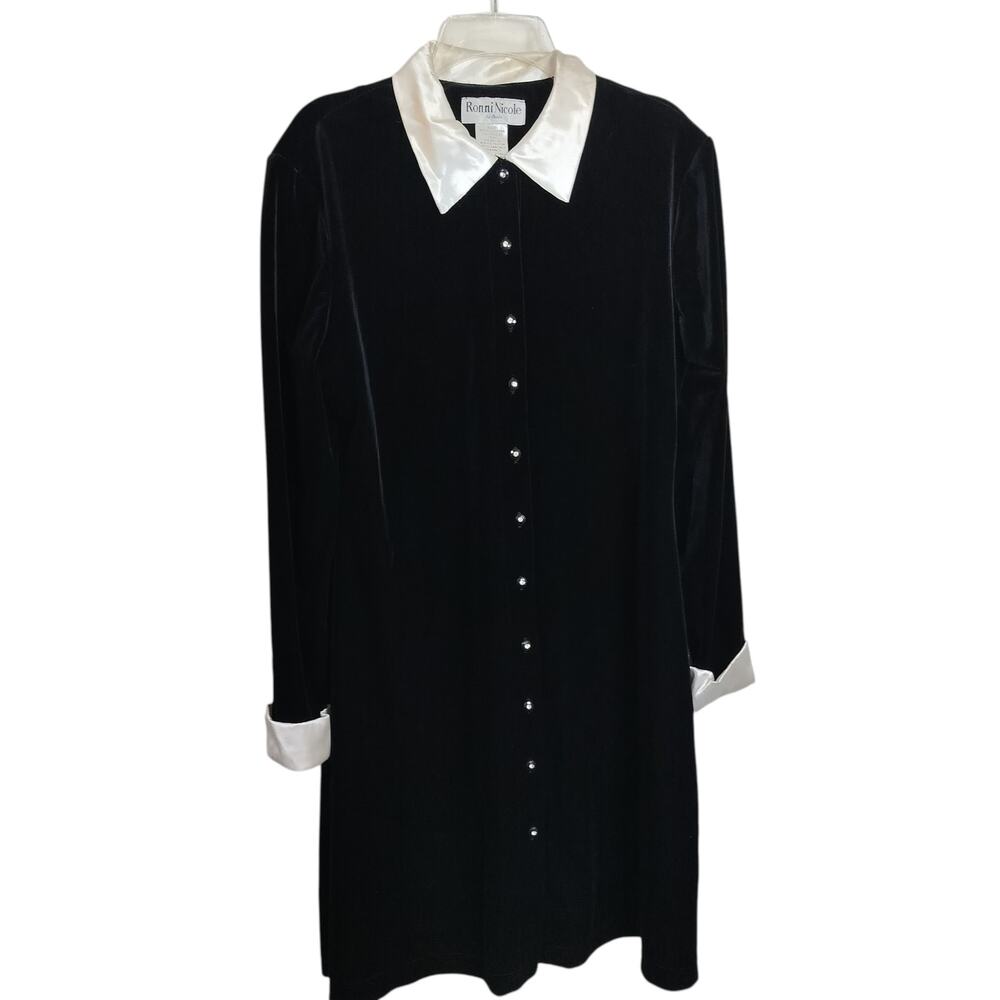 4973) Vintage Ronni Nicole Black Velour Satin Cuff Goth Collar Addams Dress 12